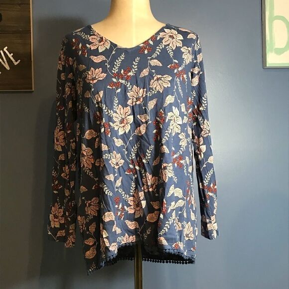 J. Jill Blue Long Sleeve Floral Top - Small - Picture 1 of 10